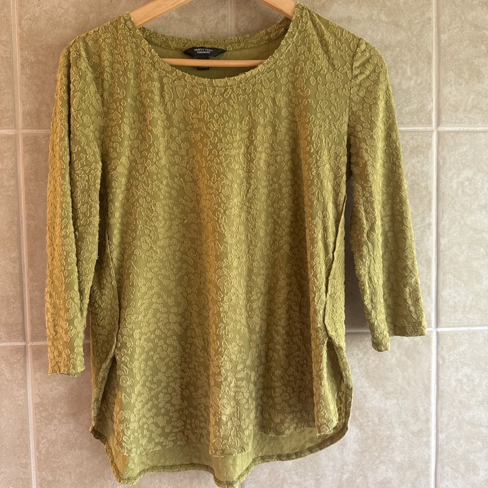 Simply Vera Vera Wang Womens‎ 3/4 Sleeve Textured Blouse Top Size S Yellow Green